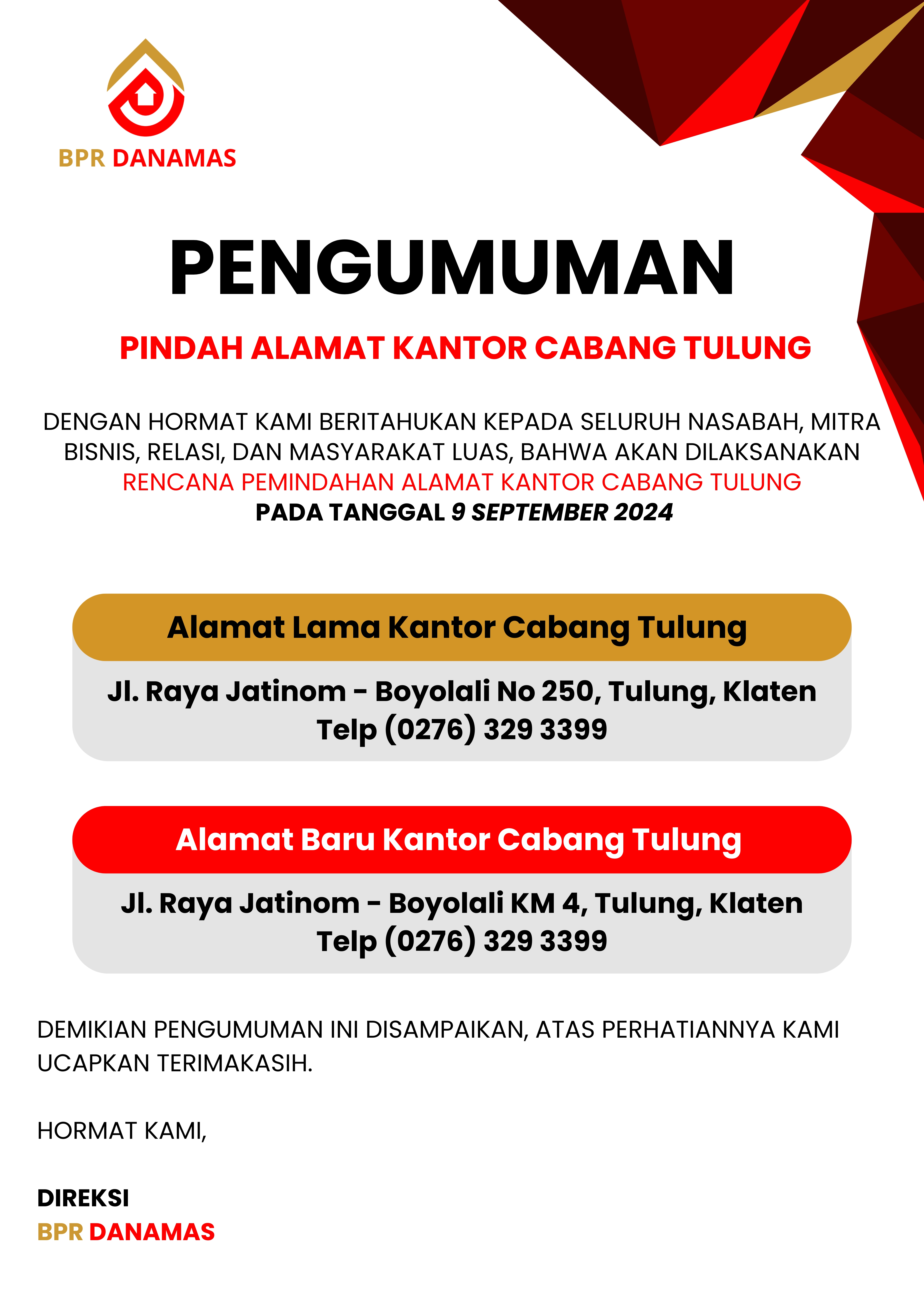  BPR Danamas Kantor Cabang Tulung Pindah Lokasi